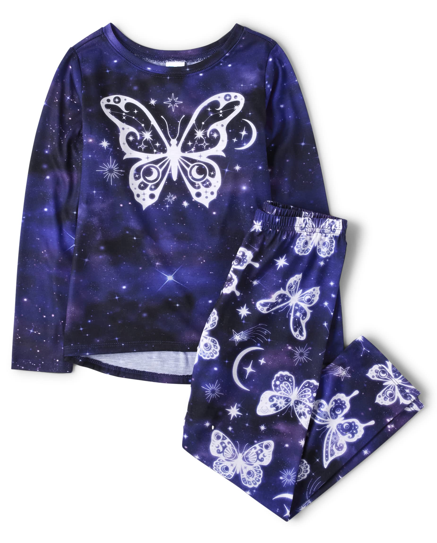 The Children's Place Girls' Long Sleeve Top and Pants 2 Piece Pajamas Sets, Royal Blue Butterfly, Large (10/12)