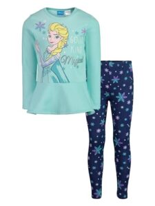 disney frozen elsa toddler girls fleece long sleeve graphic t-shirt and leggings outfit set turquoise/blue 5t