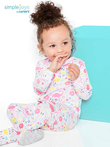 Simple Joys by Carter's Girls' 3-Pack Snug Fit Footed Cotton Pajamas, Navy Space/White Dinosaur/Yellow Dots, 4T