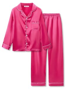 topgal cute hot pink pajama set for girls – satin silky long sleeve & pants button down pj set size 10