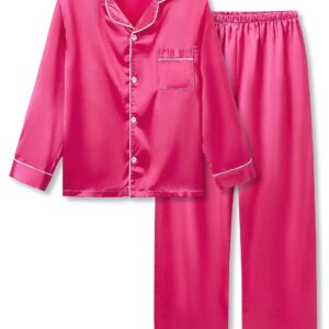 Topgal Cute Hot Pink Pajama Set for Girls – Satin Silky Long Sleeve & Pants Button Down PJ Set Size 10