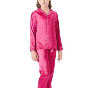 Topgal Cute Hot Pink Pajama Set for Girls – Satin Silky Long Sleeve & Pants Button Down PJ Set Size 10