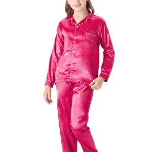 Topgal Cute Hot Pink Pajama Set for Girls – Satin Silky Long Sleeve & Pants Button Down PJ Set Size 10