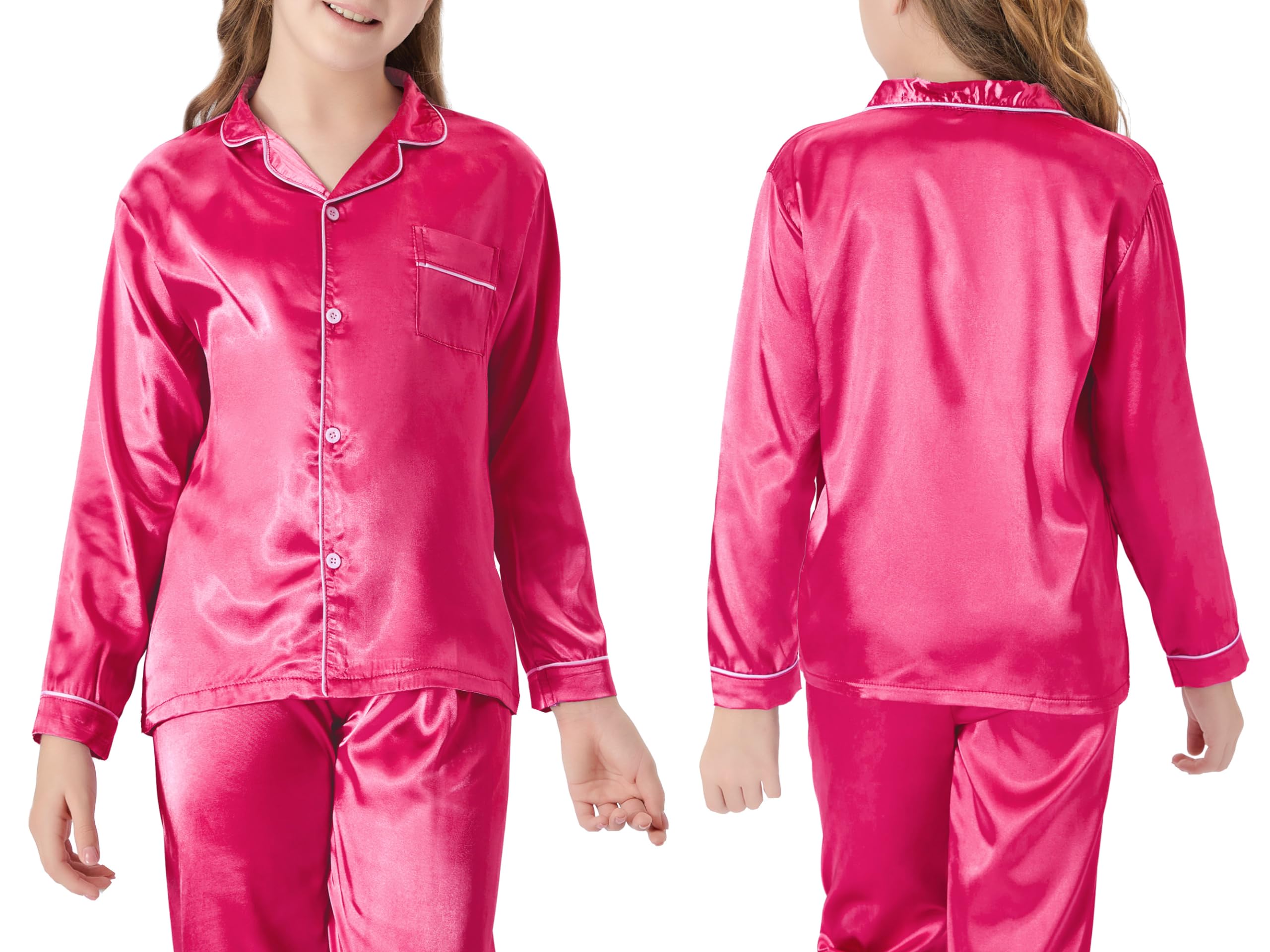 Topgal Cute Hot Pink Pajama Set for Girls – Satin Silky Long Sleeve & Pants Button Down PJ Set Size 10