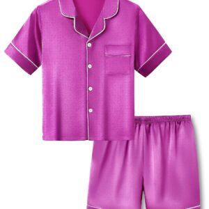 Beezizac Little & Big Girls Pajama Set Size 12 - Bright Pink Satin Silky Cute Summer Shorts Outfit