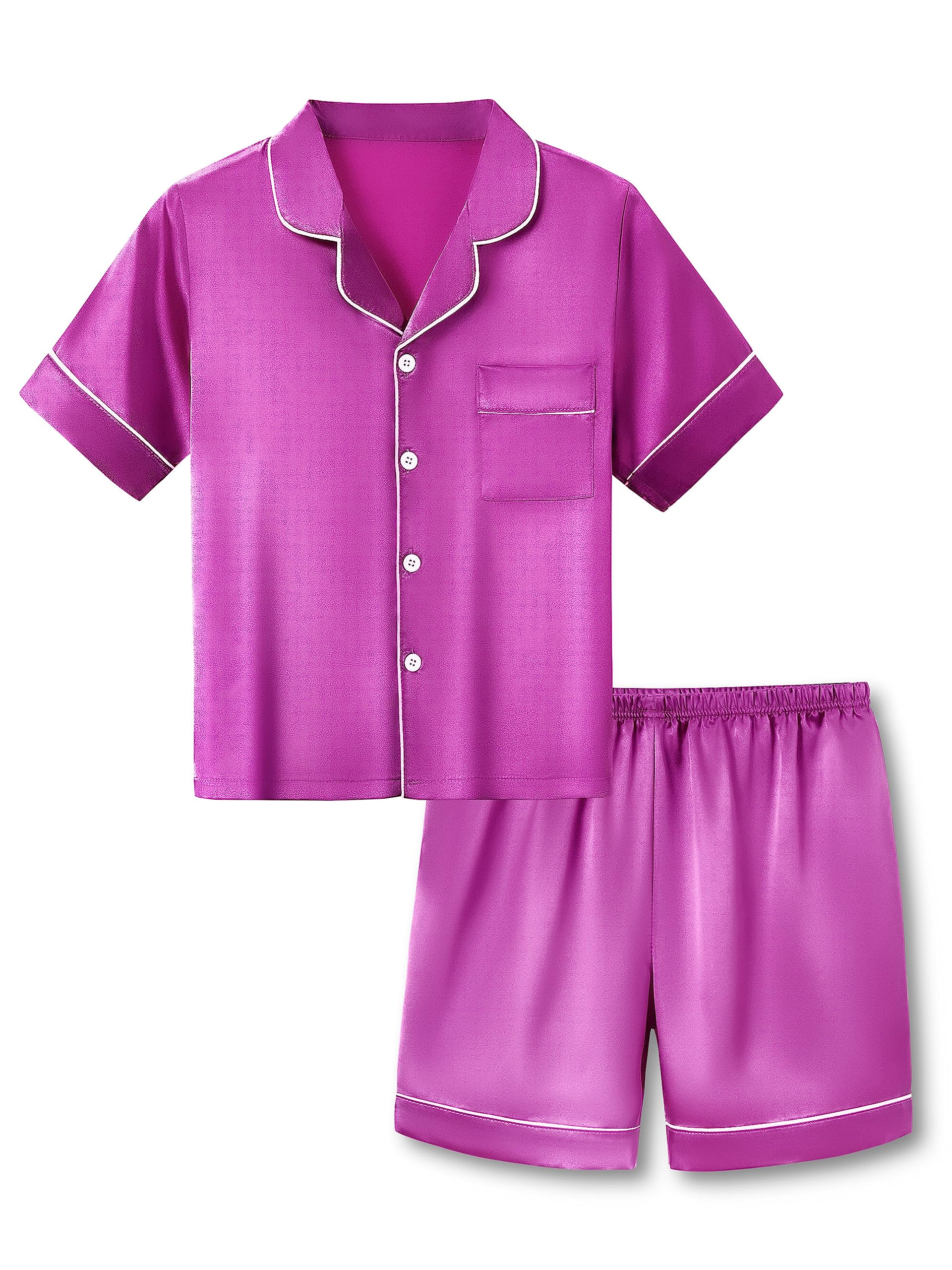 Beezizac Little & Big Girls Pajama Set Size 12 - Bright Pink Satin Silky Cute Summer Shorts Outfit