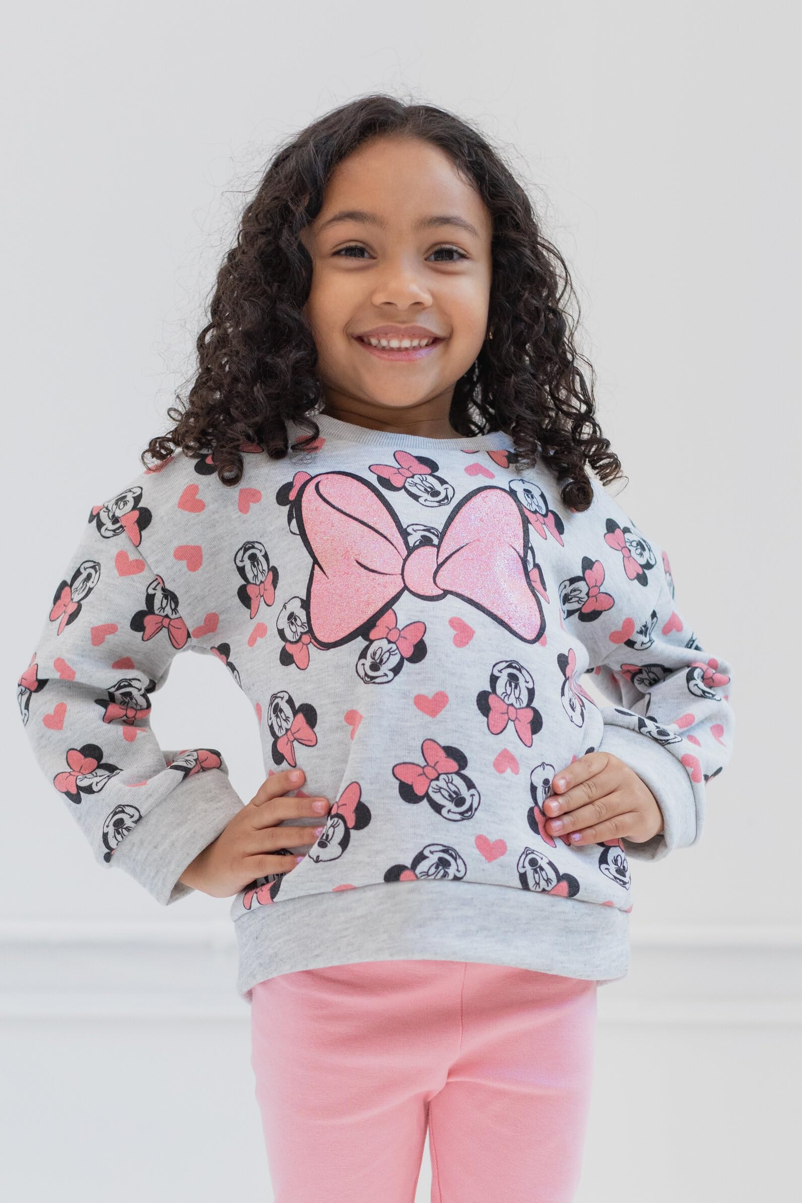 Disney Minnie Mouse Toddler Girls Pullover Fleece Sweatshirt and Leggings Outfit Set Light Grey/Pink 4T