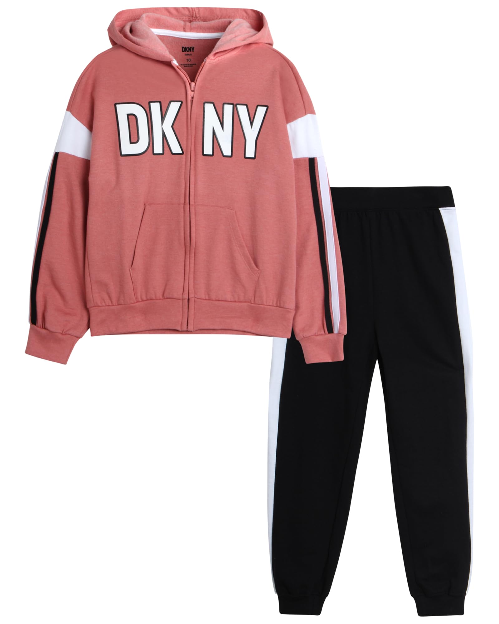 DKNY Girls’ Jogger Set – 2 Piece Hoodie and Sweatpants Kids Clothing Set (Size: 4-12), Size 14-16, Black/Rosette