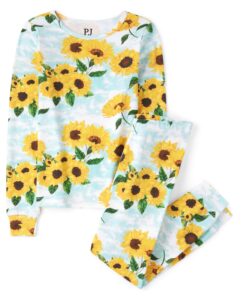 the children's place girls' long sleeve top and pants snug fit 100% cotton 2 piece pajama set, sunflowers