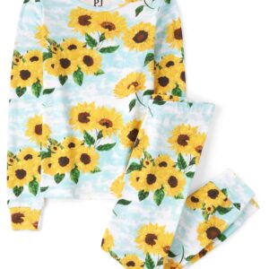 The Children's Place Girls' Long Sleeve Top and Pants Snug Fit 100% Cotton 2 Piece Pajama Set, Sunflowers