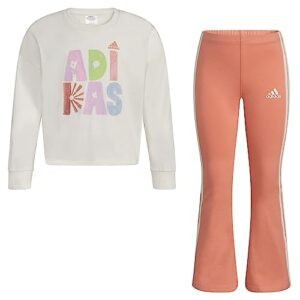 adidas girls 2-piece long sleeve graphic tee & flare pant set, chalk white, 6x