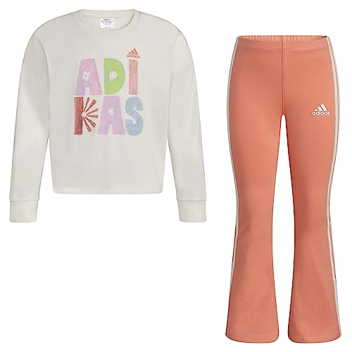 adidas Girls 2-Piece Long Sleeve Graphic Tee & Flare Pant Set, Chalk White, 6X