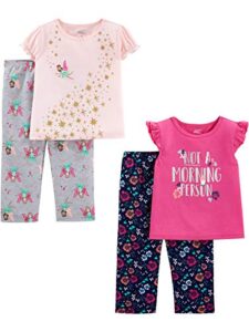 simple joys by carter's toddler girls' 4-piece fleece pajama set (short-sleeve poly top & fleece bottom), pack of 4, fairy/floral/text print, 3t