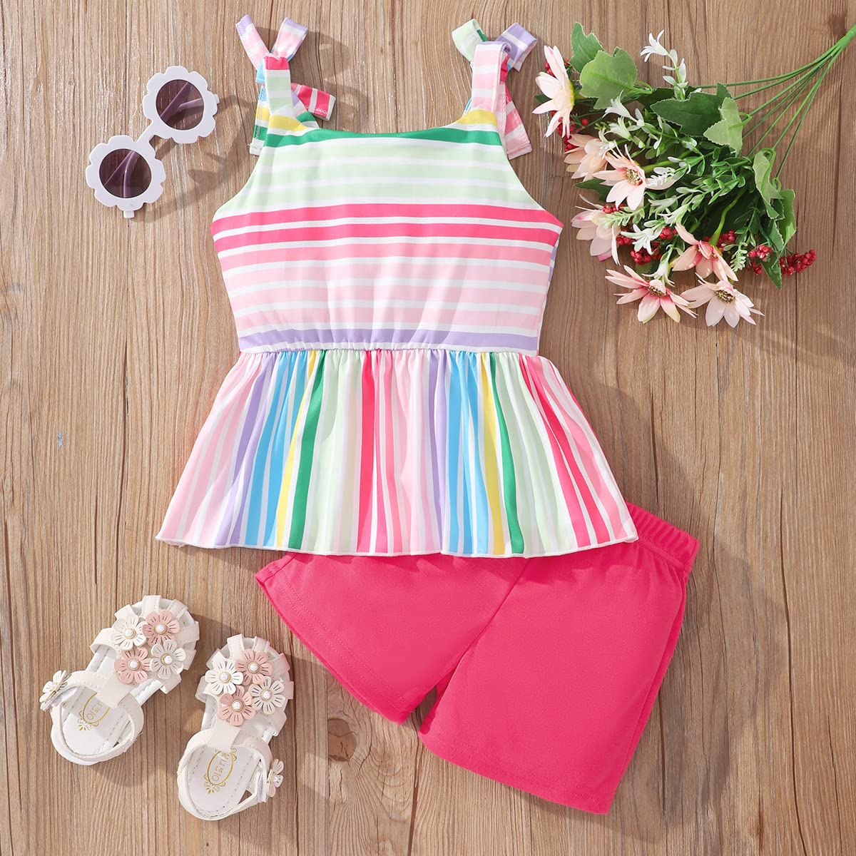 zarmfly Toddler Girls Summer Short Set Outfit Rainbow Sleeveless Tank Tops and Shorts 2PC Clothing Set 5t