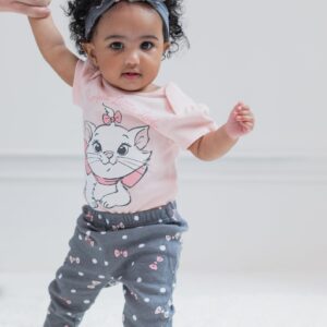 Disney The Aristocats Marie Newborn Baby Girls Bodysuit Pants and Headband 3 Piece Outfit Set Gray/Pink 0-3 Months