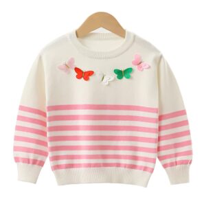 Peacolate Spring Autumn 2-10 Years Little&Big Girl Sweater and Embroidered Jeans 2pcs Clothing Set(Pink White Strips Butterfly,4Years)