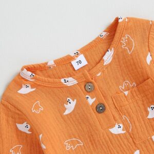 KtwHarnu Toddler Baby Boy Girl Halloween Clothes Pumpkin Print Cotton Linen Long Sleeve Buttons T-Shirt Drawstring Pants Set (Orange, 6-12 Months)