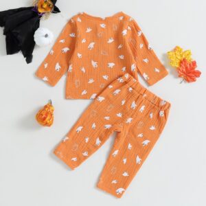 KtwHarnu Toddler Baby Boy Girl Halloween Clothes Pumpkin Print Cotton Linen Long Sleeve Buttons T-Shirt Drawstring Pants Set (Orange, 6-12 Months)