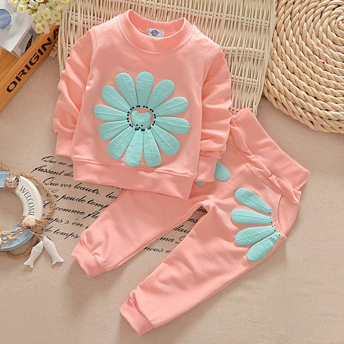 Avidqueen Toddler Baby Girls Sunflower Clothes Set Long Sleeve Top and Pants 2pcs Outfits Fall Clothes (Age(2T), Pink)