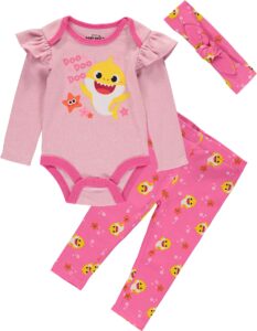 baby shark girls' creeper bodysuit with pull on pants and matching headband 3 piece set (pink/rose, 0-3 months)