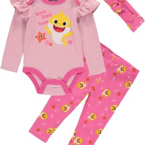 Baby Shark Girls' Creeper Bodysuit with Pull on Pants and Matching Headband 3 Piece Set (Pink/Rose, 0-3 Months)