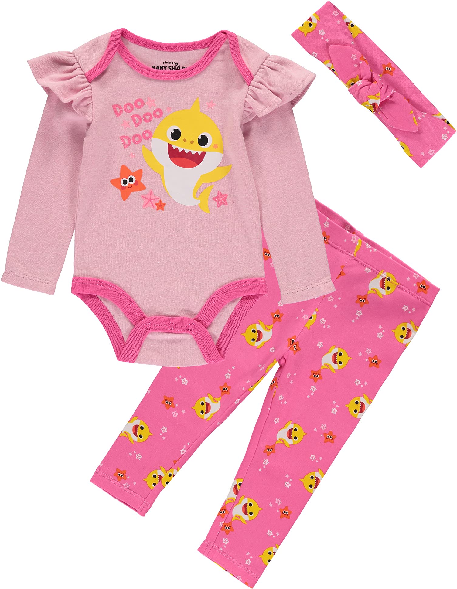 Baby Shark Girls' Creeper Bodysuit with Pull on Pants and Matching Headband 3 Piece Set (Pink/Rose, 0-3 Months)