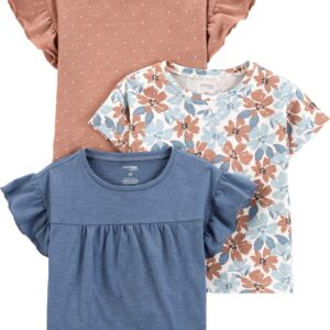 Simple Joys by Carter's Girls' Short-Sleeve Shirts and Tops, Pack of 3, Brown Dots/Denim/White Floral, 7