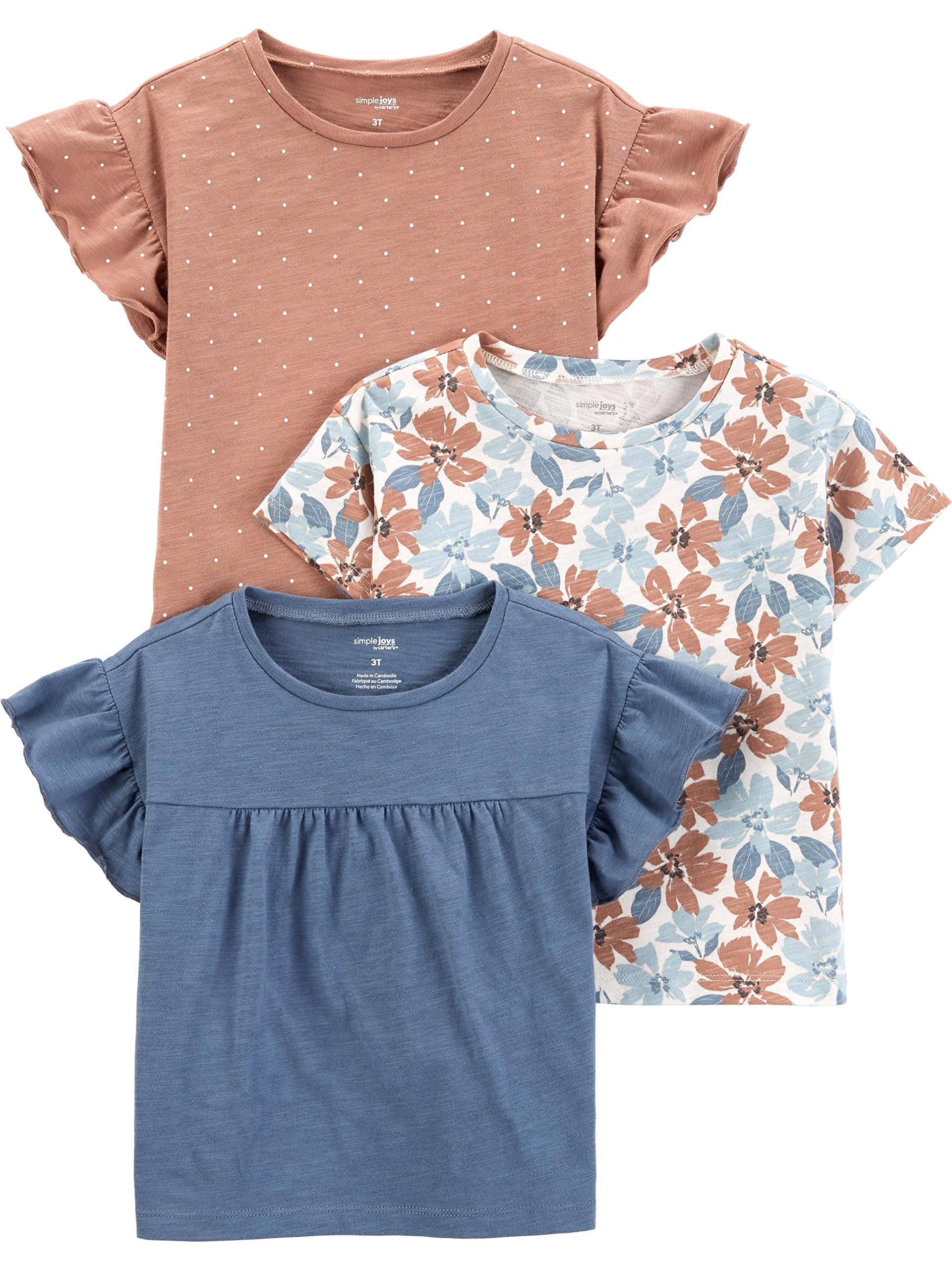 Simple Joys by Carter's Girls' Short-Sleeve Shirts and Tops, Pack of 3, Brown Dots/Denim/White Floral, 7