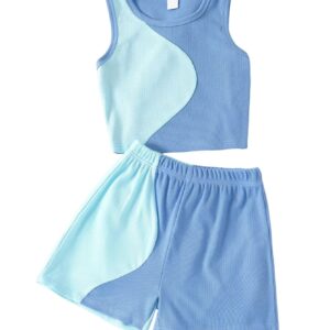 Verdusa Girl's 2 Piece Workout Outfit Colorblock Crop Tank Top and Short Sets Blue 9Y