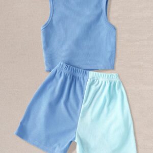 Verdusa Girl's 2 Piece Workout Outfit Colorblock Crop Tank Top and Short Sets Blue 9Y