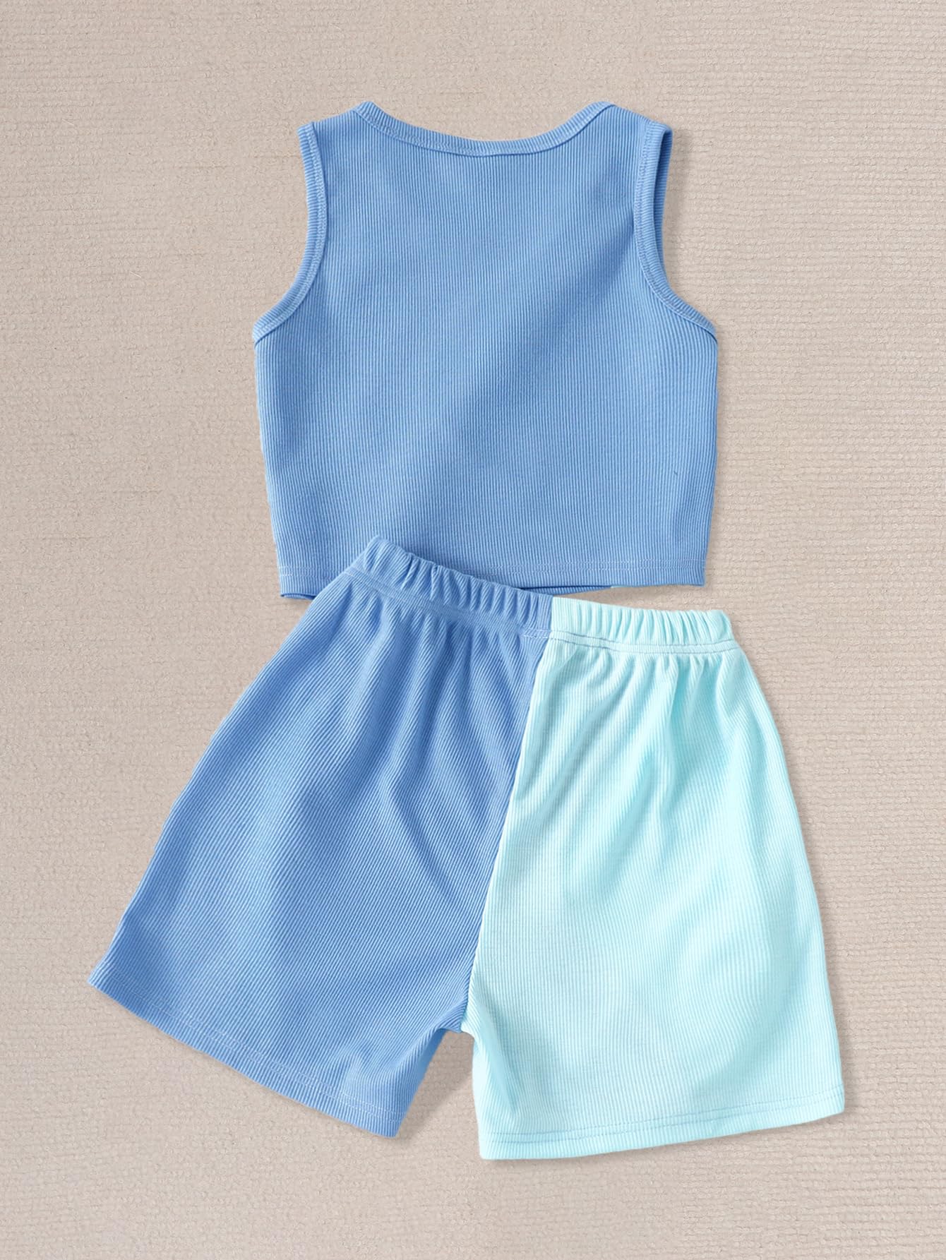 Verdusa Girl's 2 Piece Workout Outfit Colorblock Crop Tank Top and Short Sets Blue 9Y
