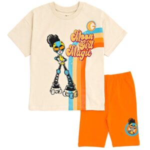 marvel moon girl and devil dinosaur big girls oversized drop shoulder t-shirt & bike shorts outfit khaki/orange 10-12