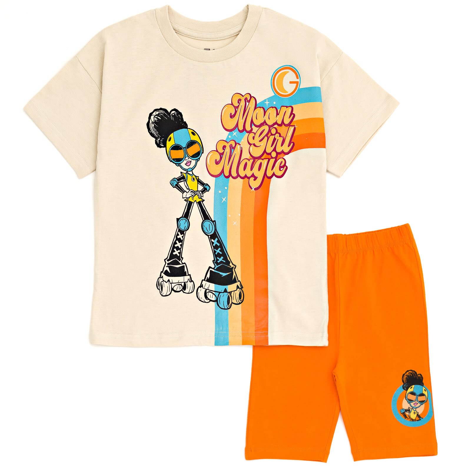 Marvel Moon Girl and Devil Dinosaur Big Girls Oversized Drop Shoulder T-Shirt & Bike Shorts Outfit Khaki/Orange 10-12