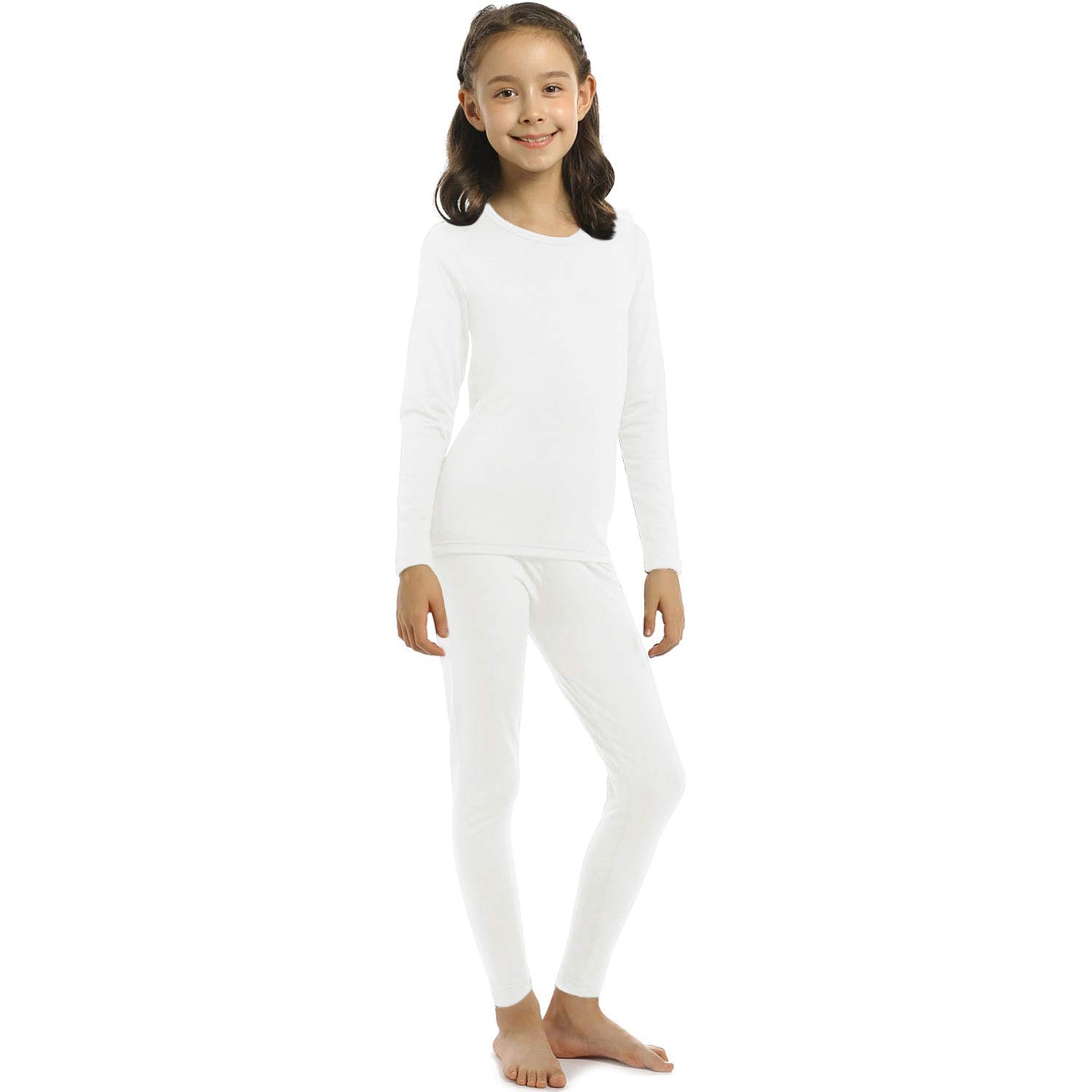 ViCherub Girl’s Thermal Underwear Set Kids Long Johns Fleece Lined Base Layer Top & Bottom Thermals for Girl Cream White Large