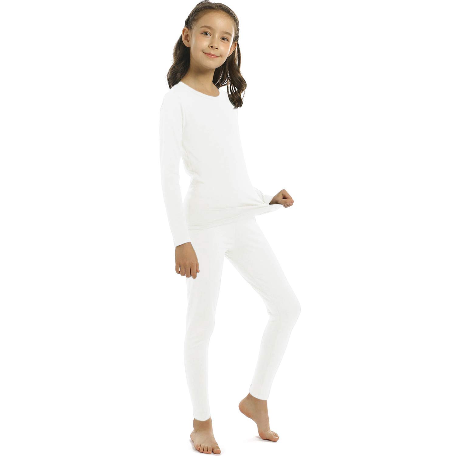 ViCherub Girl’s Thermal Underwear Set Kids Long Johns Fleece Lined Base Layer Top & Bottom Thermals for Girl Cream White Large