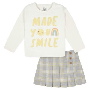gerber baby girls toddler 2-piece long-sleeve tee & pleated skirt set, smile plaid, 18 months