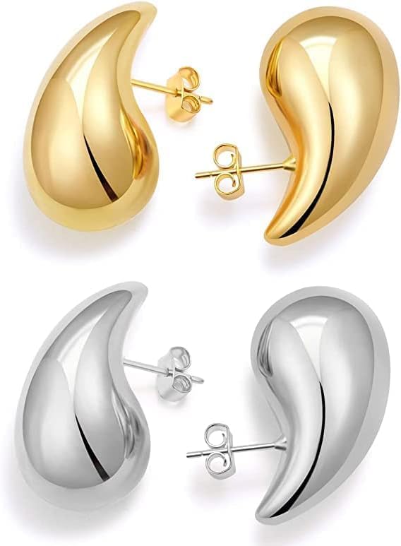 Teardrop Earring Set Dupes Lightweight Chunky Gold and Silver Hoop Earrings for Women.Water Droplets Hypoallergenic Earring Fashion Jewelry for Women Girls 2Pcs