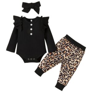 Newborn Baby Girl Clothes Infant Girls Outfits Long Sleeve Ruffle Romper + Leopard Print Pants + Headband Set Black 12-18months