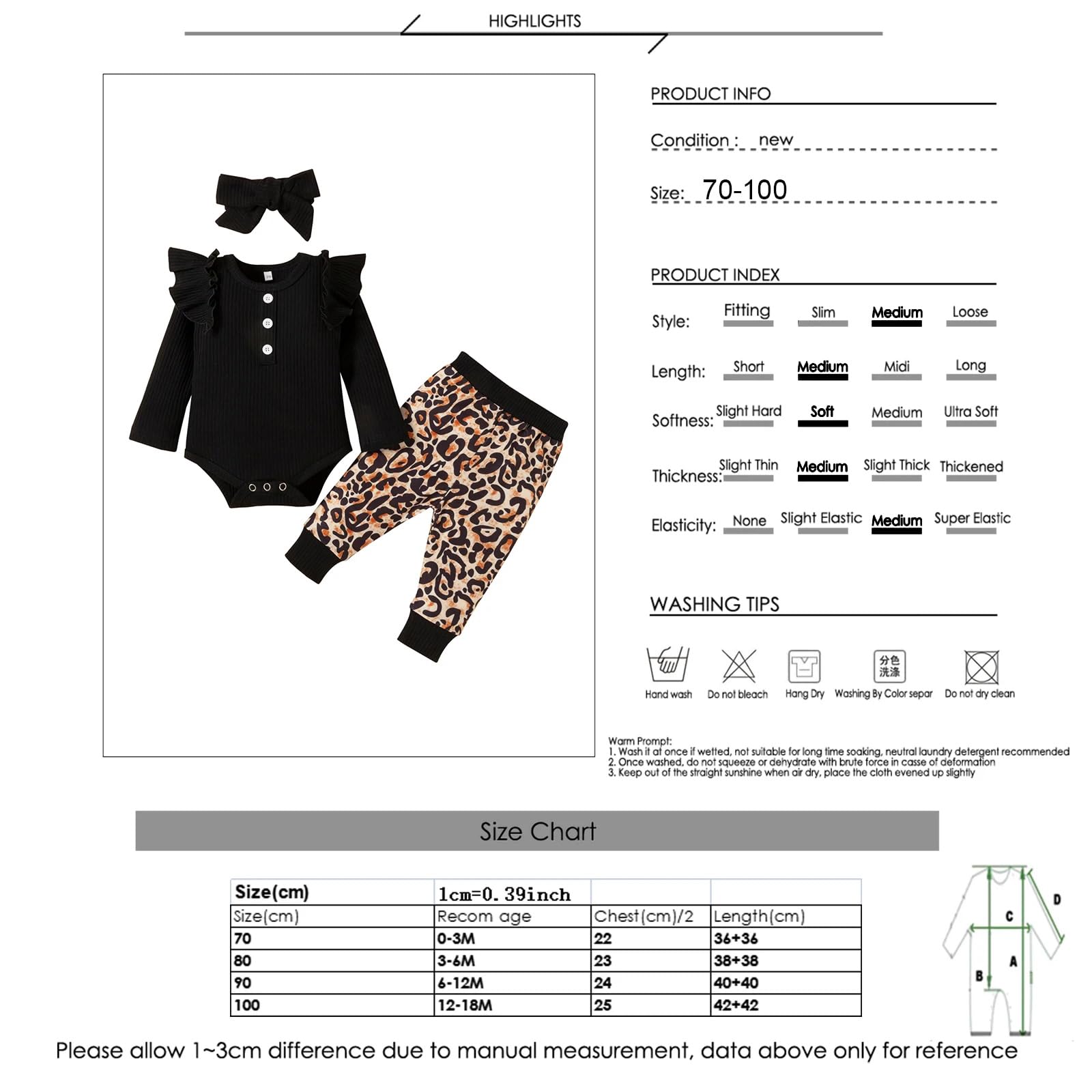 Newborn Baby Girl Clothes Infant Girls Outfits Long Sleeve Ruffle Romper + Leopard Print Pants + Headband Set Black 12-18months