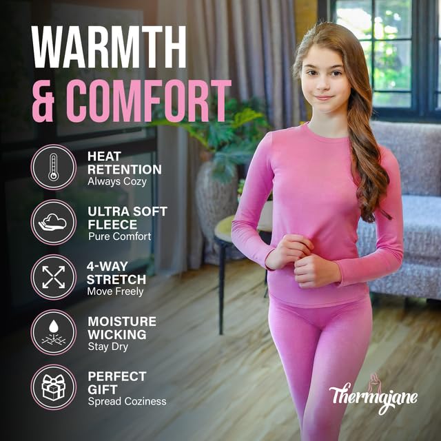 Thermajane Thermal Underwear for Kids Long Johns, Girls Thermal Underwear Set, Base Layer Kids Long Underwear (Pink, X-Large)