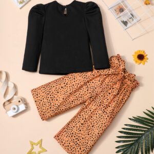 MIGU Toddler Girl Clothes 4T-5T Girls Fashion Clothes Black Round Neck Puff Sleeves Knitted Shirt Long Sleeve Top Leopard Print Spotted Pants Headband 3Pcs Girls Gifts Set