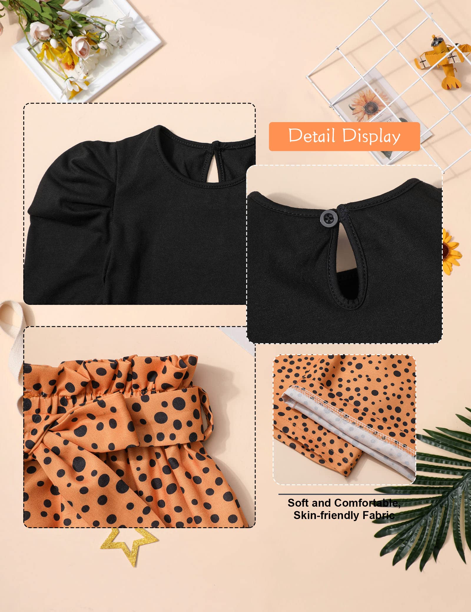 MIGU Toddler Girl Clothes 4T-5T Girls Fashion Clothes Black Round Neck Puff Sleeves Knitted Shirt Long Sleeve Top Leopard Print Spotted Pants Headband 3Pcs Girls Gifts Set