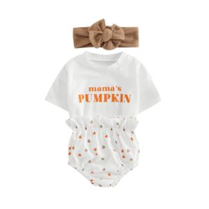 rarjuiey newborn halloween baby girl outfit pumpkin romper short sleeve ruffle shorts sets fall clothes with headband (white,3-6 months)