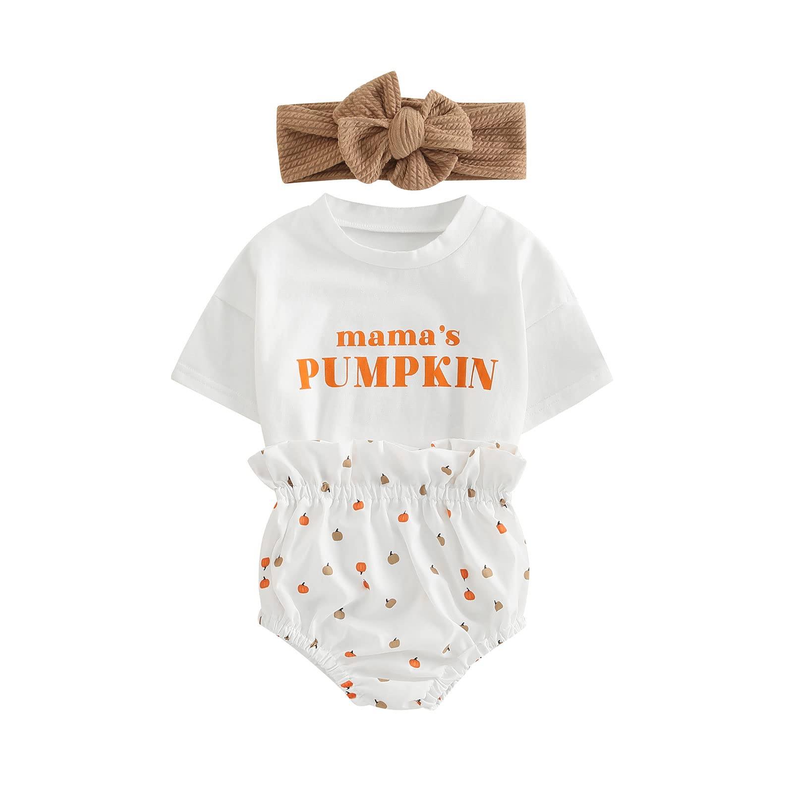 Rarjuiey Newborn Halloween Baby Girl Outfit Pumpkin Romper Short Sleeve Ruffle Shorts Sets Fall Clothes with Headband (White,3-6 Months)