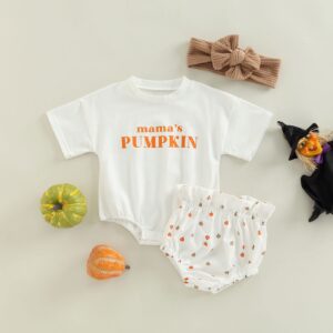 Rarjuiey Newborn Halloween Baby Girl Outfit Pumpkin Romper Short Sleeve Ruffle Shorts Sets Fall Clothes with Headband (White,3-6 Months)