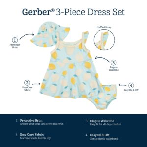 Gerber Baby Girls' 3-Piece Sundress, Diaper Cover and Hat Set, Lemons