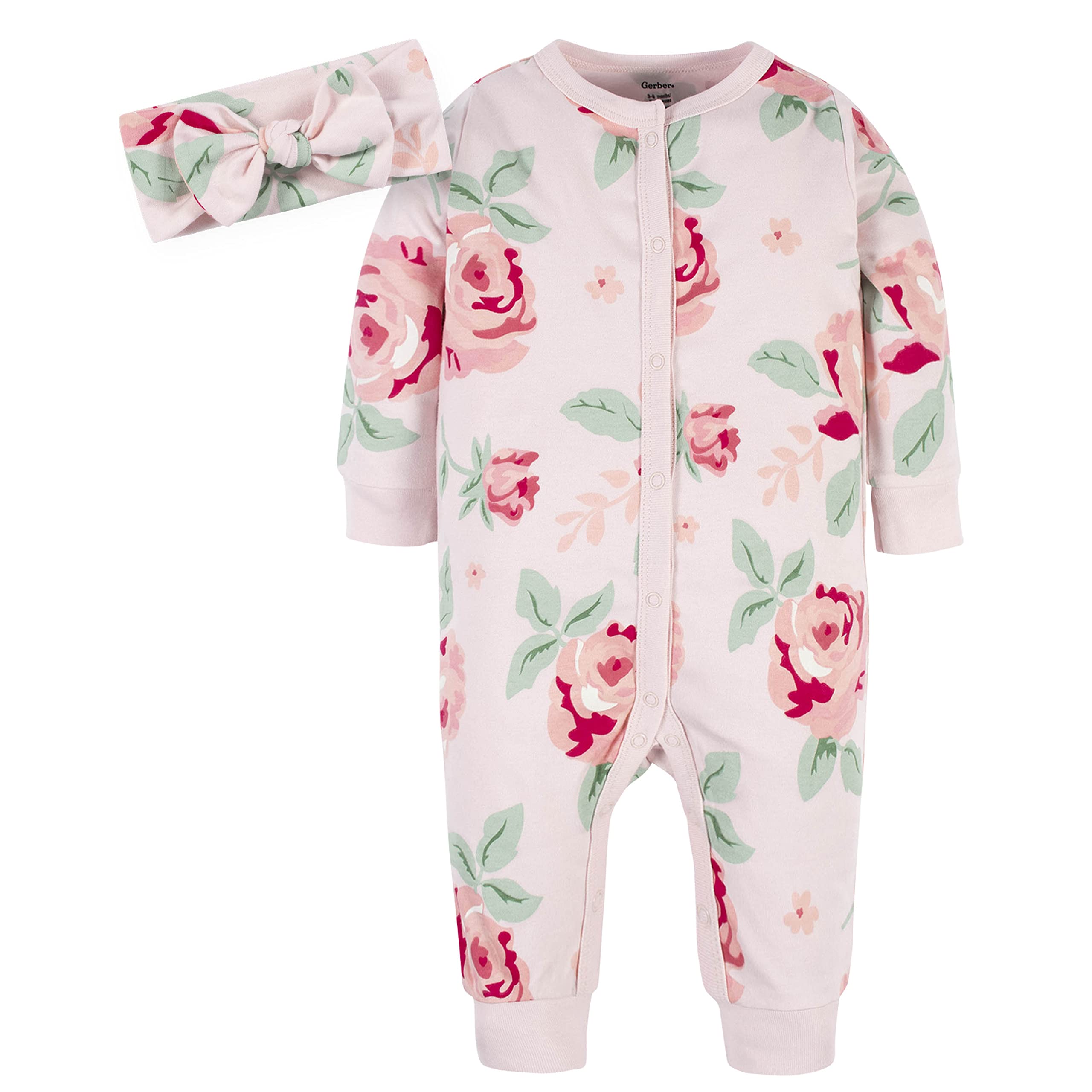 Gerber Baby Girls Boutique 2-Piece Coverall & Headband Set, Pink Rose, 6-9 Months US