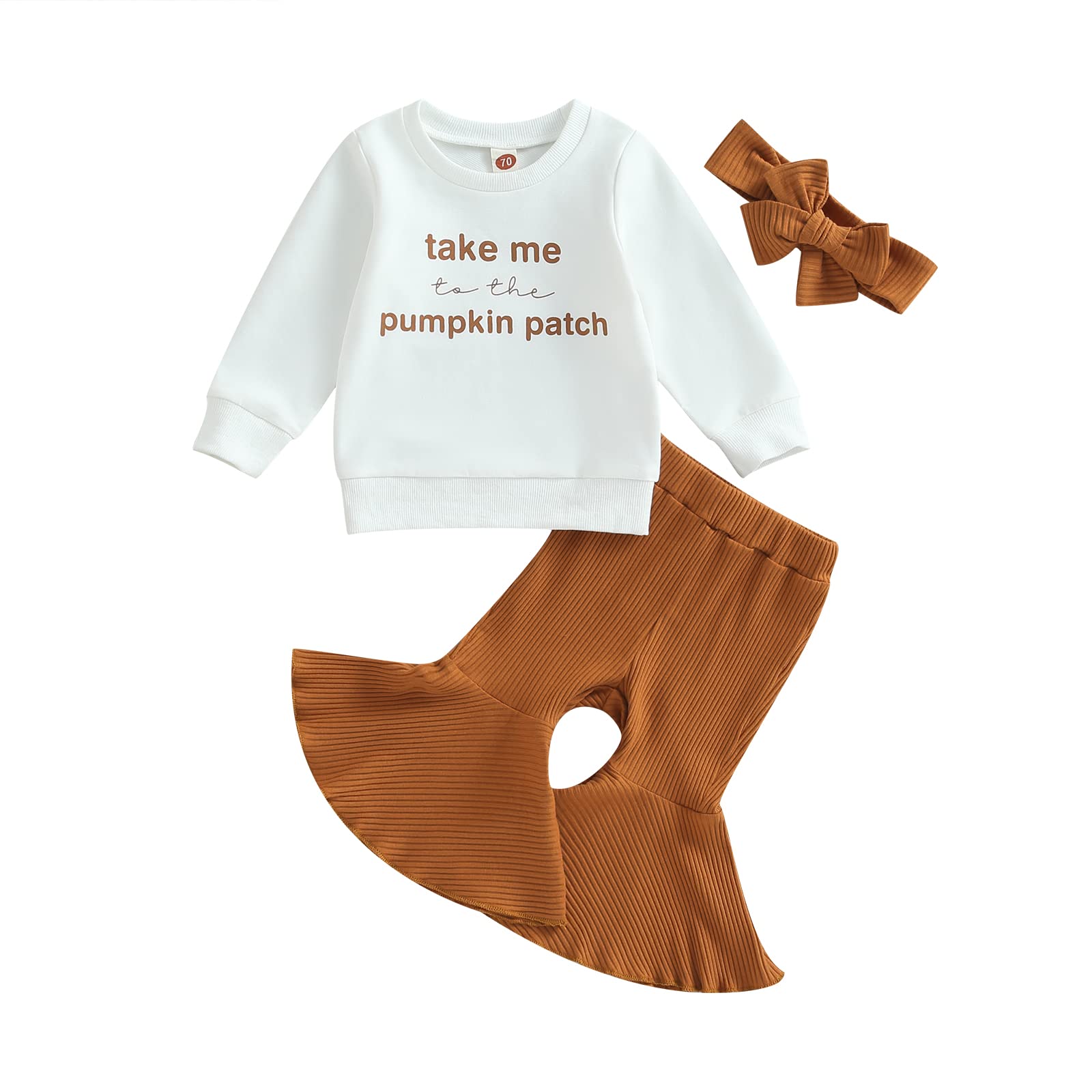 Molgkyo Toddler Baby Girl Halloween Clothes Set Long Sleeve Letter Sweatshirt Tops Pumpkin Bell Bottom Pants Set Fall Outfits (A-B White, 2-3 Years)