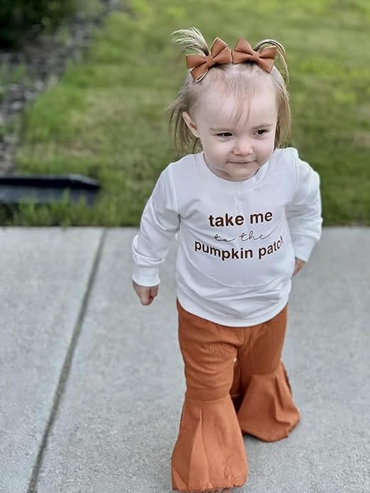 Molgkyo Toddler Baby Girl Halloween Clothes Set Long Sleeve Letter Sweatshirt Tops Pumpkin Bell Bottom Pants Set Fall Outfits (A-B White, 2-3 Years)