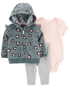 carter's baby girls 3 piece bodysuit pant little jacket set (grey pink leopard teal, 18 months)